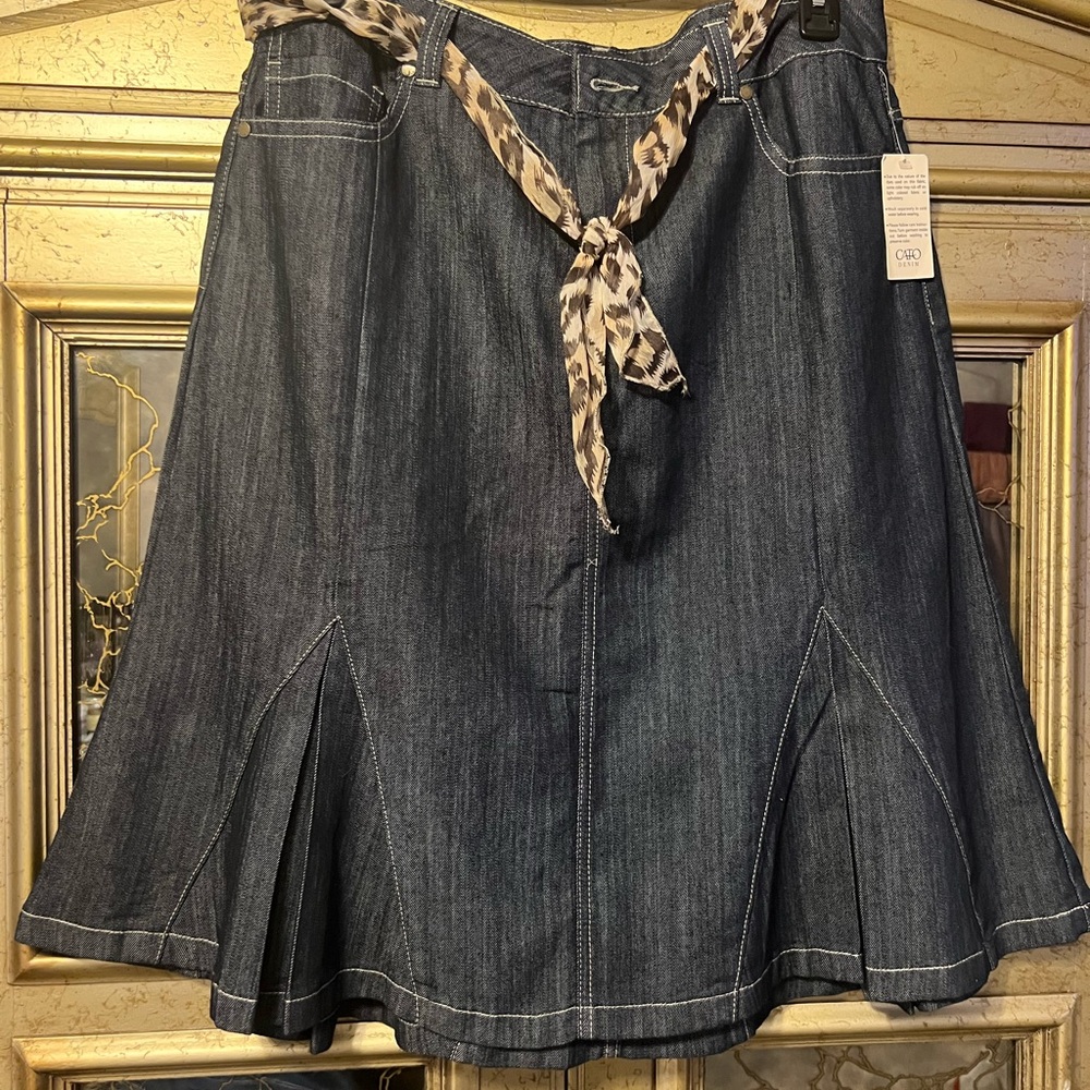 Cato Dark Indigo Denim Skirt with Leopard Tie Accent